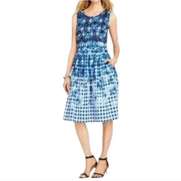 Talbots Blue & White Gingham Floral Fit N Flare Style Midi Length Dress Size 6P - Picture 2 of 10